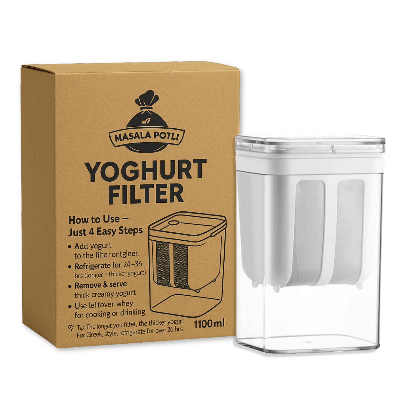 Premium Greek Yogurt Strainer 1100ML - Hung Curd Maker with Fine Mesh Filter | BPA-Free Stainless Steel