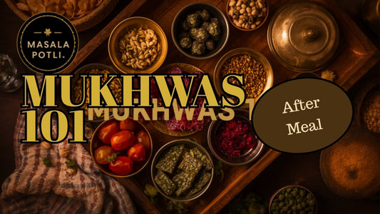 Rustic tray of colorful Indian mukhwas and churan digestive snacks with Masala Potli badge logo