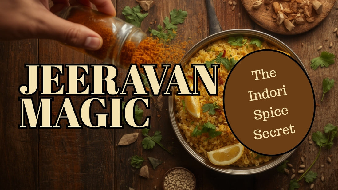Bowl of Indian poha topped with sev, coriander and Jeeravan masala being sprinkled on top
