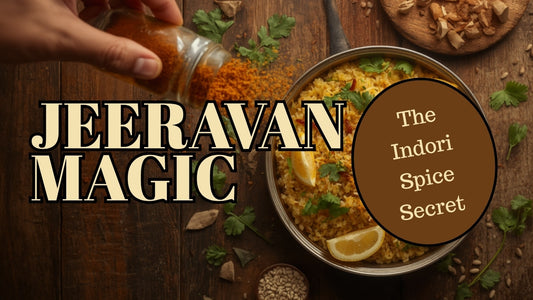 Bowl of Indian poha topped with sev, coriander and Jeeravan masala being sprinkled on top
