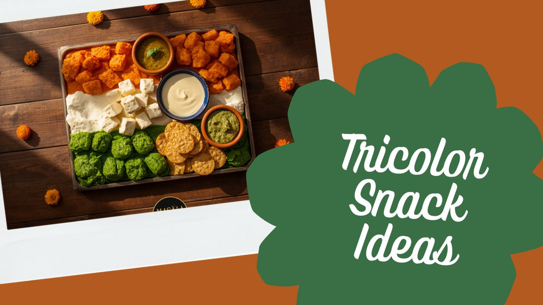 Tricolor Independence Day Indian snack platter with pickles, chutneys and paneer, featuring the Masala Potli badge logo