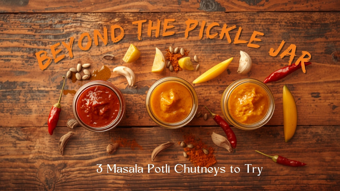 Three jars of Masala Potli chutney — garlic, sweet lemon, and mango-garlic combo — on a rustic table with spices