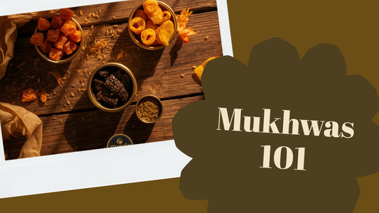 Bowls of amla pachak candy, hing peda churan, and aam papad mukhwas on a wooden table with the Masala Potli badge logo
