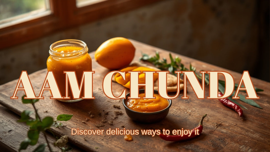 Jar of Masala Potli Aam Chunda mango chutney with paratha and mango slices, styled with the Masala Potli badge logo