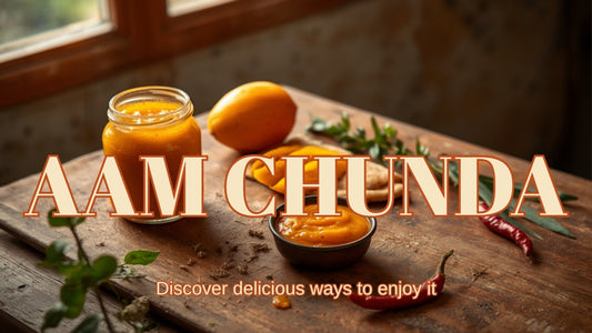 Jar of Masala Potli Aam Chunda mango chutney with paratha and mango slices, styled with the Masala Potli badge logo