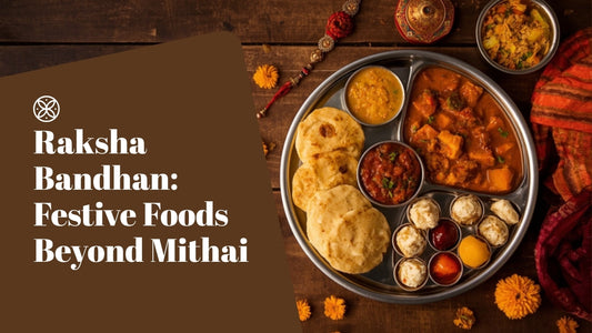 Festive Raksha Bandhan Indian thali with puri, curry, pickles, chutney and mithai, with the Masala Potli badge logo