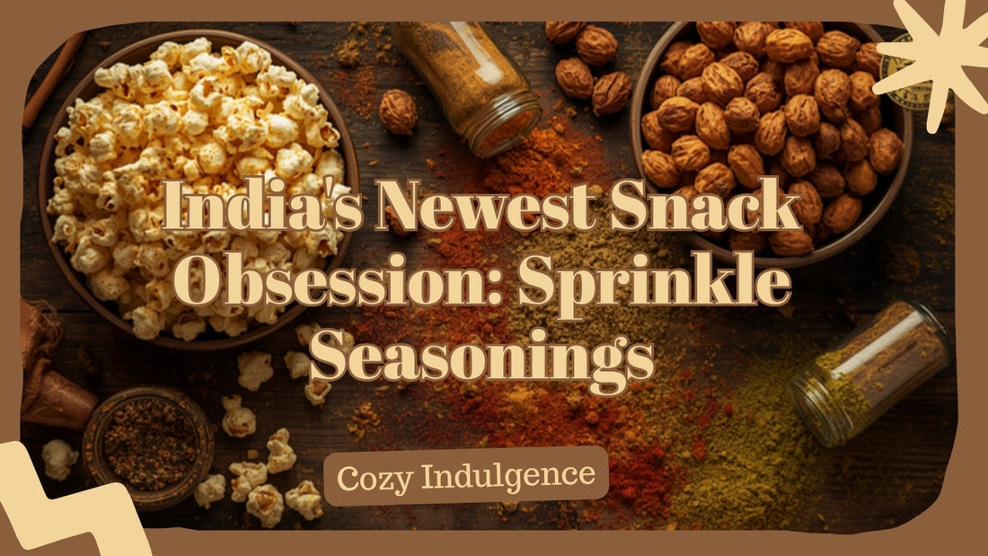 Bowls of popcorn and roasted makhana dusted with colorful Indian sprinkle seasonings, Masala Potli badge logo in corner