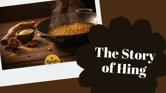 Hing (asafoetida) powder and spice resin in a rustic Indian kitchen setting