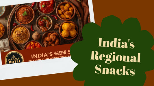 Flat-lay of regional Indian snacks and pickles including jeeravan masala, mirchi pickle, mango chundo, and tamarind candy with the Masala Potli logo