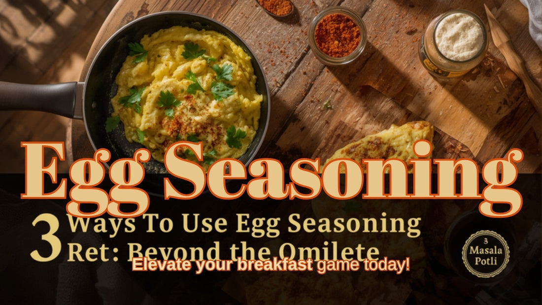 Masala Potli Egg Seasoning sprinkled over a golden masala omelette on a rustic breakfast table