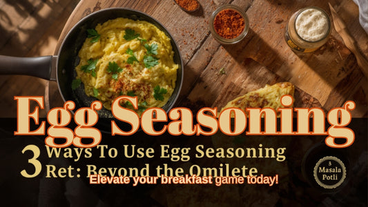 Masala Potli Egg Seasoning sprinkled over a golden masala omelette on a rustic breakfast table