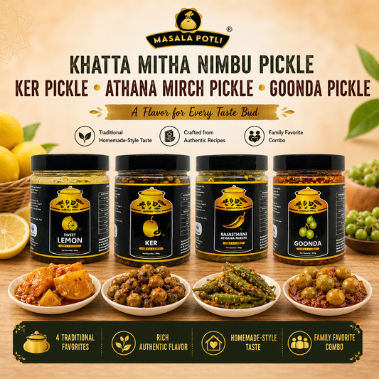 Rajasthani Athana Mirchi Achar 400g, Meetha Nimbu Achar (Lime Pickle), Kair Achar, Goonda Achar (500g)