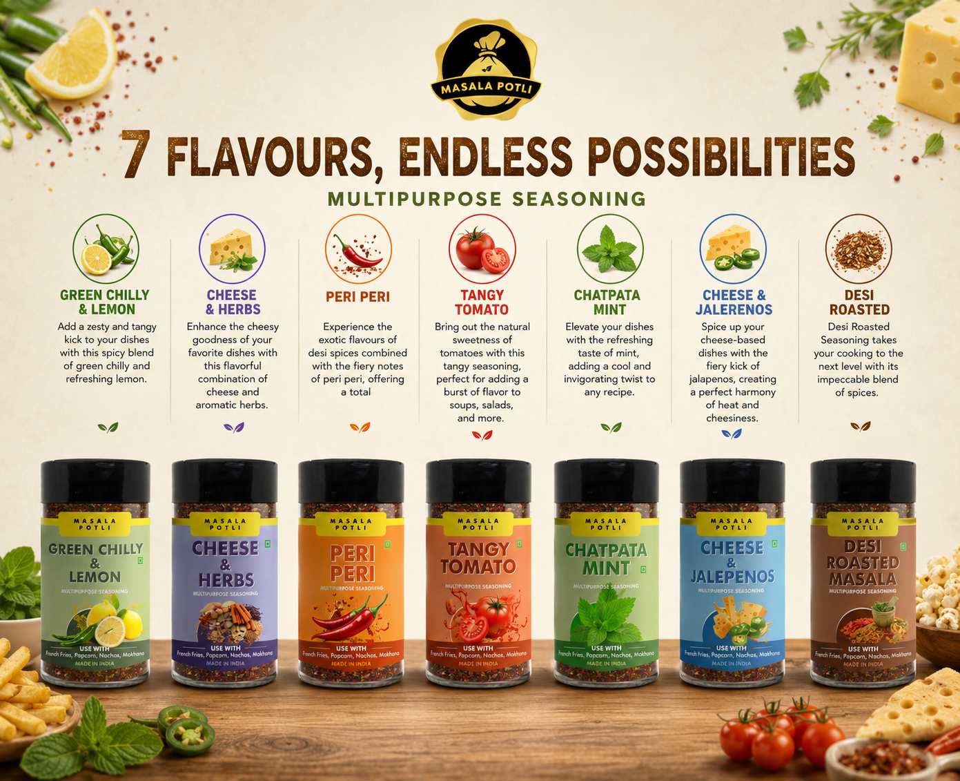 Masala Potli 7 Flavour Popcorn and Fries Seasoning Combo Pack 100g each