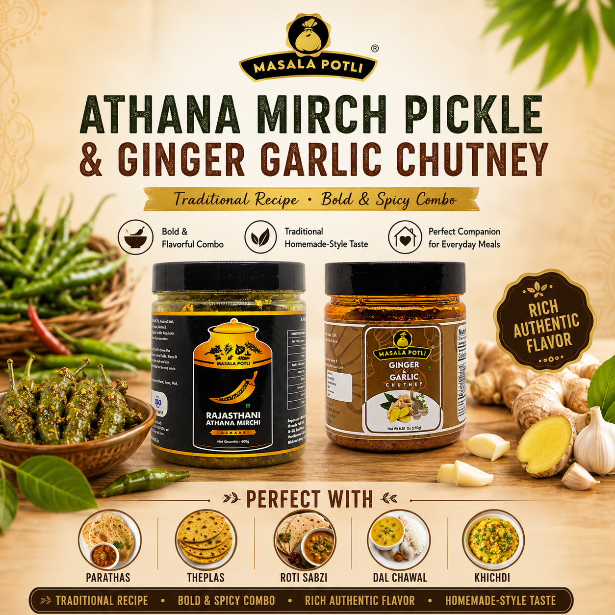 Rajasthani Athana Mirchi (Green Chilly Pickle) 400g & Ginger Garlic Chutney (Adrak Lahsun Chatni) 250g