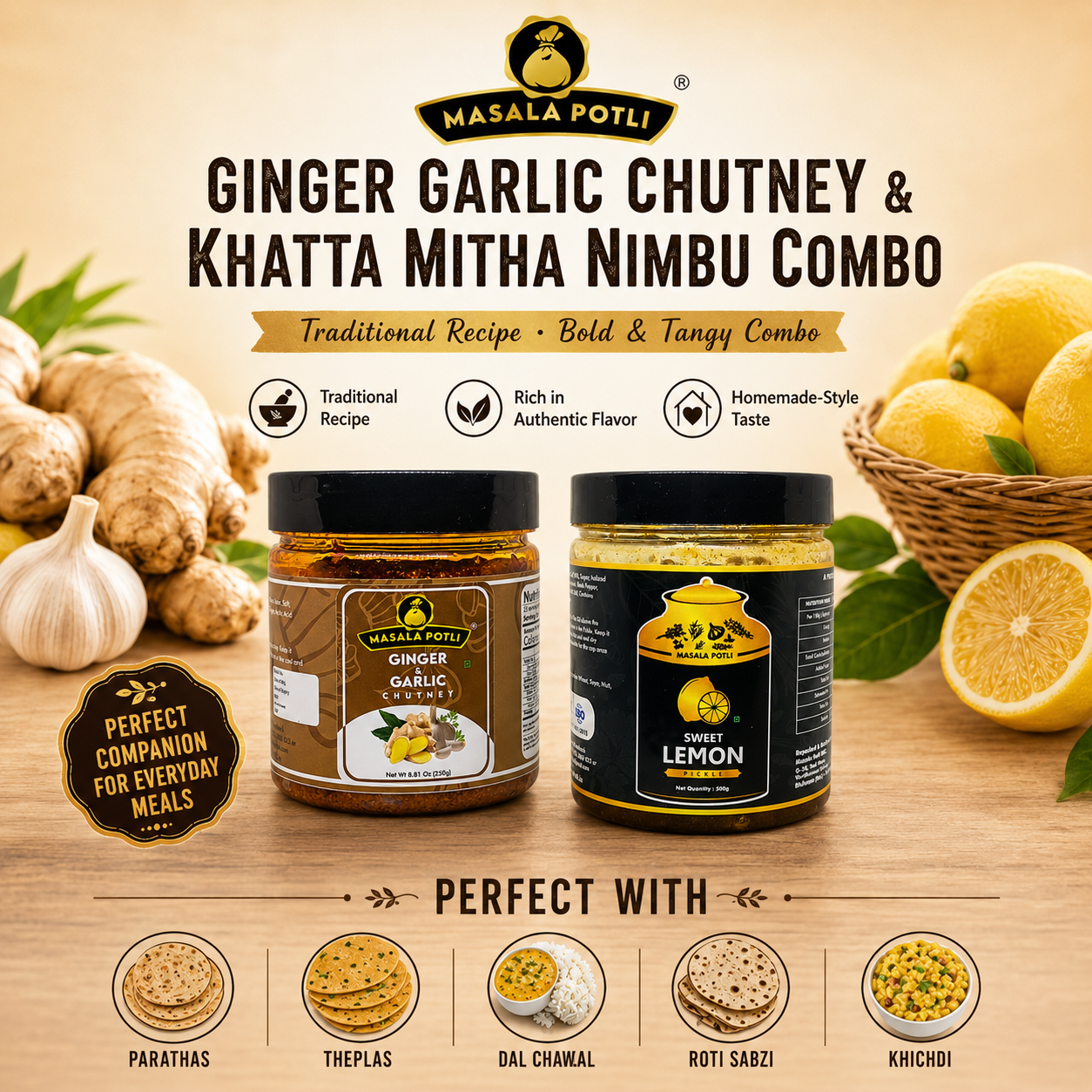 Meetha Nimbu Achaar (Lemon Pickle) 500g & Ginger Garlic Chutney (Adrak Lahsun Chatni) 250g