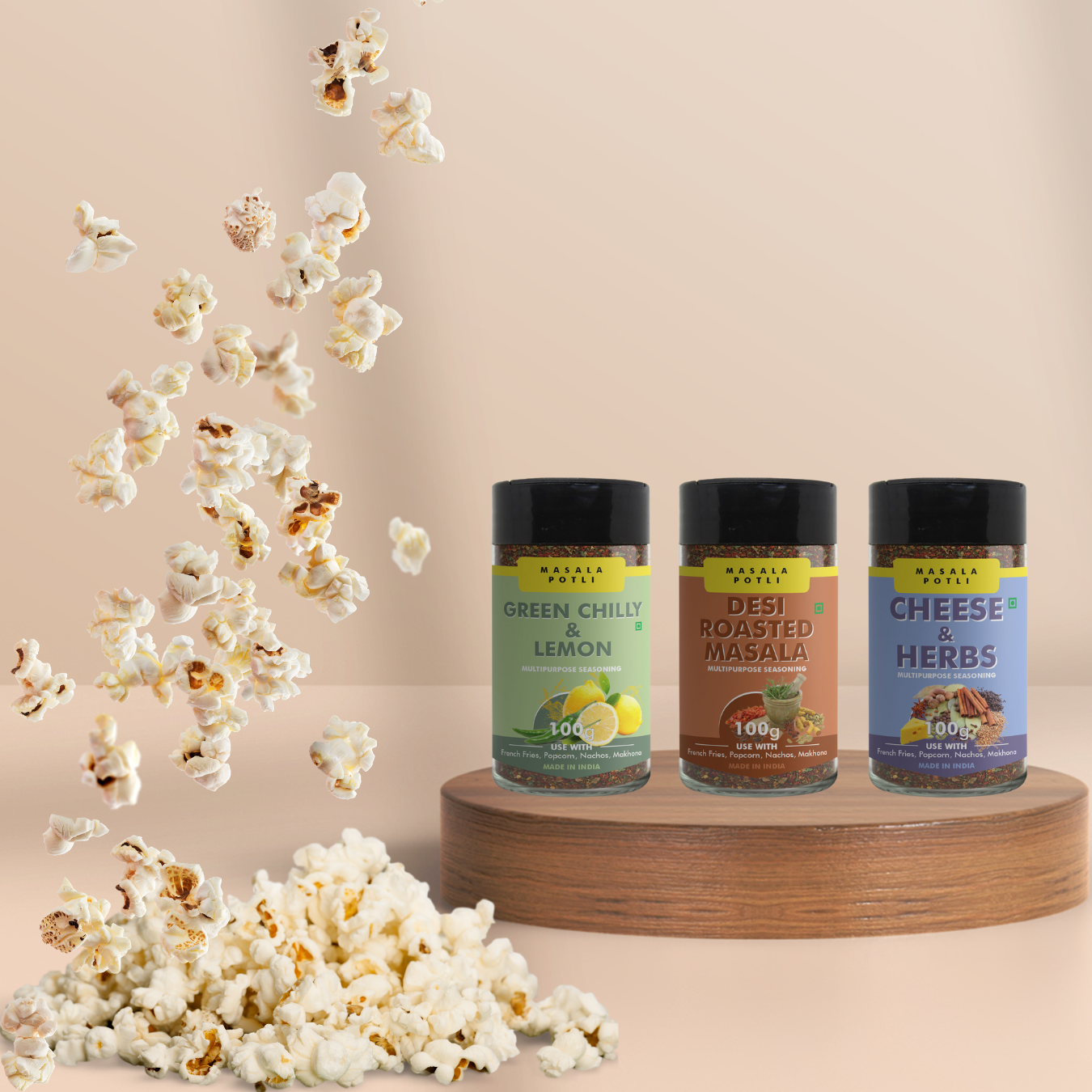 Green Chilly & Lemon 100g, Cheese & Herbs 100g, and Desi Roasted Popcorn Makhana Seasoning 100g