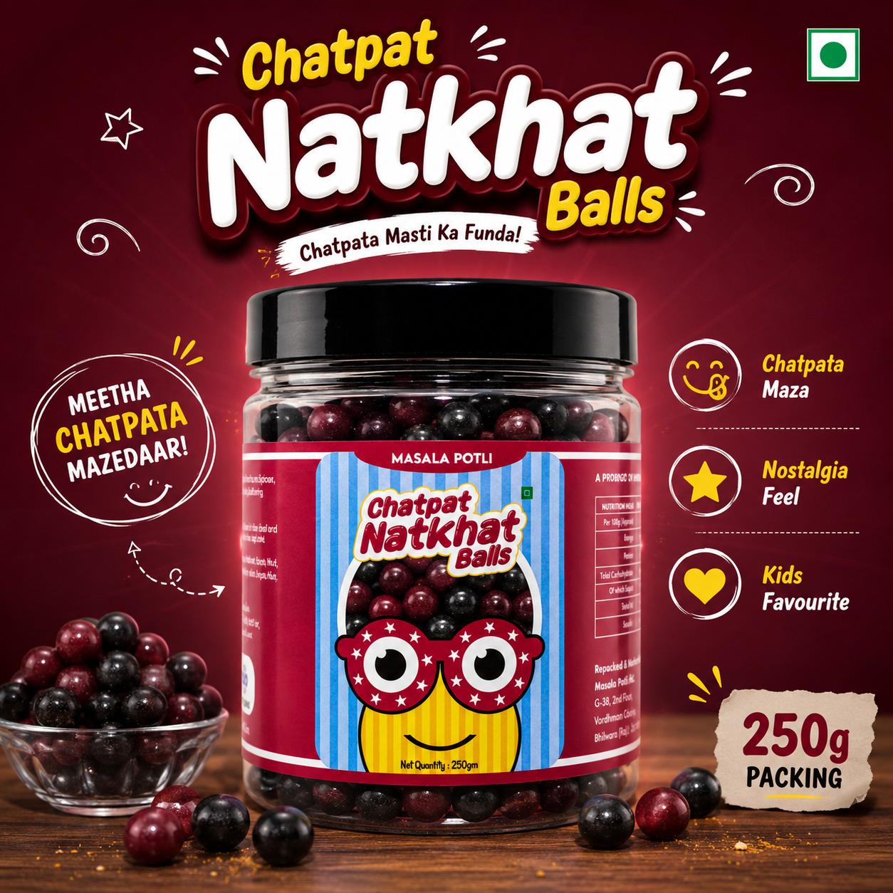 Masala Potli Natkhat Balls Kala Khatta Chatpati Goli 250g