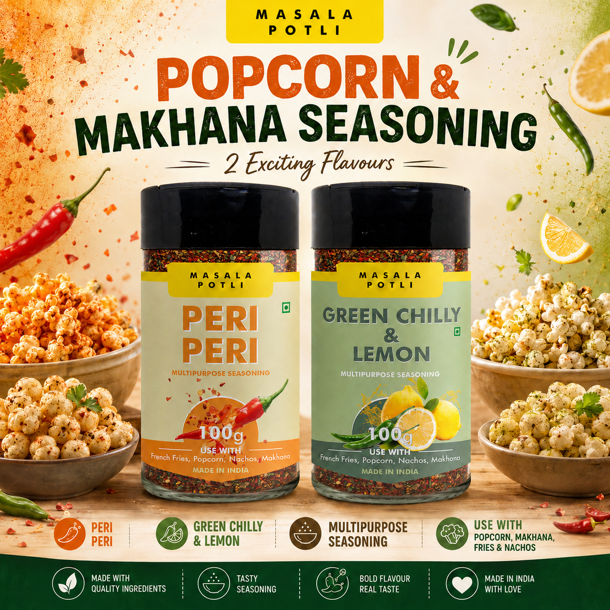 Masala Potli Peri Peri and Green Chilli Lemon Seasoning Combo 100g each