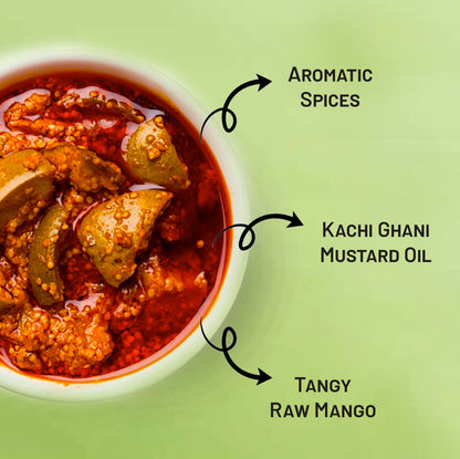 Raw mango pickle with mustard oil and Indian spices by Masala Potli