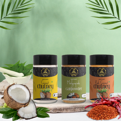 South Indian Combo Pack - White Coconut Chutney, Red Coconut Chutney & Malgapodi Powder (100g Each)