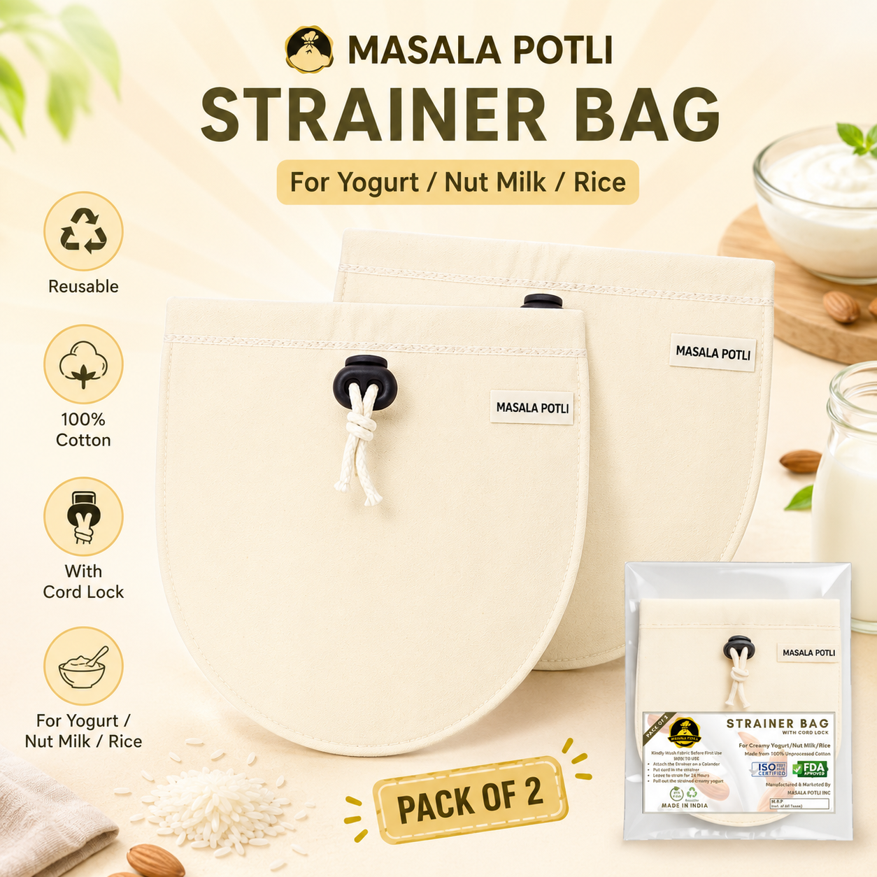 Masala Potli Strainer Bag Pack of 2 for Yogurt and Nut Milk