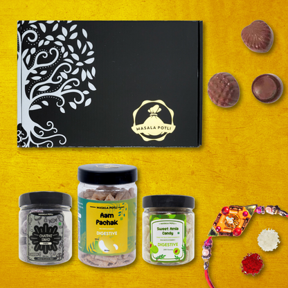 Masala Potli Rakhi Gift Box for brother with candies and rakhi